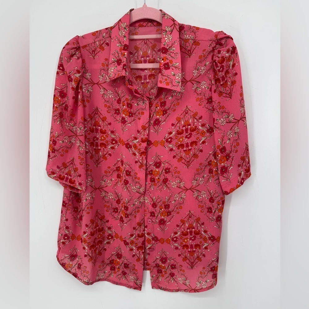 Women's Floral Pink Button Down Dress Top Lightweight Office Colorful Size Large